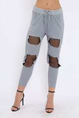 Grey Fish Net Panel Detail Joggers - Mikaela-Trousers