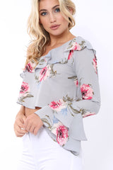 Grey Floral One Sleeved Crop Top - Beatrice-Crop Tops