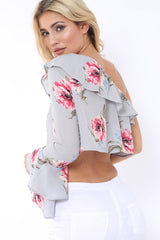 Grey Floral One Sleeved Crop Top - Beatrice-Crop Tops