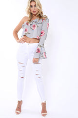 Grey Floral One Sleeved Crop Top - Beatrice-Crop Tops