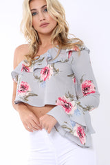 Grey Floral One Sleeved Crop Top - Beatrice-Crop Tops