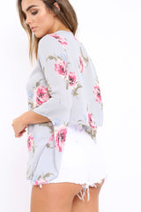 Grey Floral Tie Crop Blouse - Floy-Tops