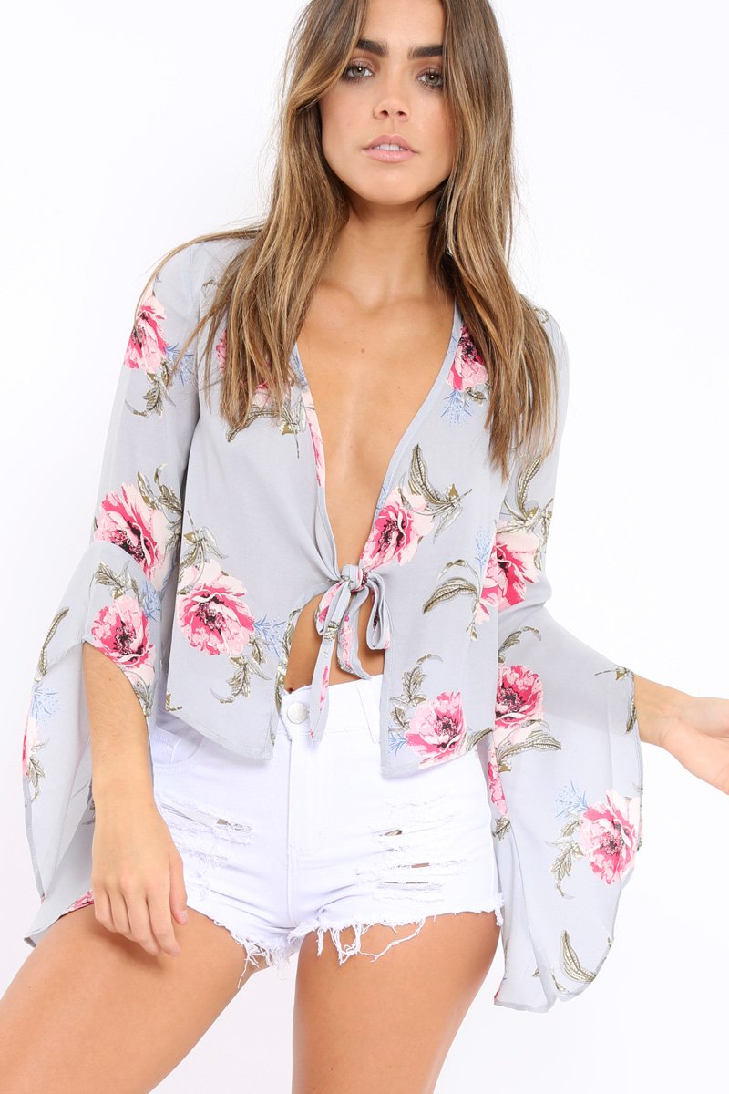 Grey Floral Tie Crop Blouse - Floy-Tops