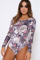 Grey Floral Velvet Bodysuit - Hollie-Bodysuits