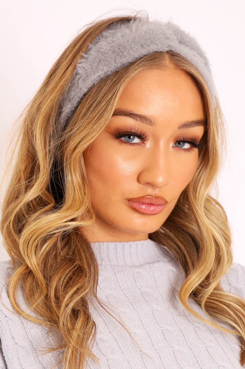 Grey Fluffy Knotted Front Headband - Candy-Hair