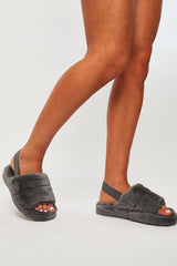 Grey Fluffy Strap Sliders - Naria-Slippers