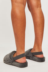 Grey Fluffy Strap Sliders - Naria-Slippers