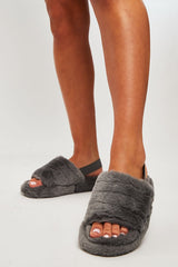 Grey Fluffy Strap Sliders - Naria-Slippers