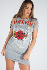 Grey Forever Flying High Distressed T-Shirt Dress - Reiley-Dresses