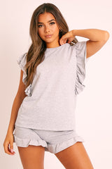 Grey Frill Hem T-shirt Short Loungewear Co-ord - Daleiza-Co-ords