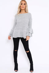 Grey Frill Hem and Sleeve Jumper - Imogen-Jumper