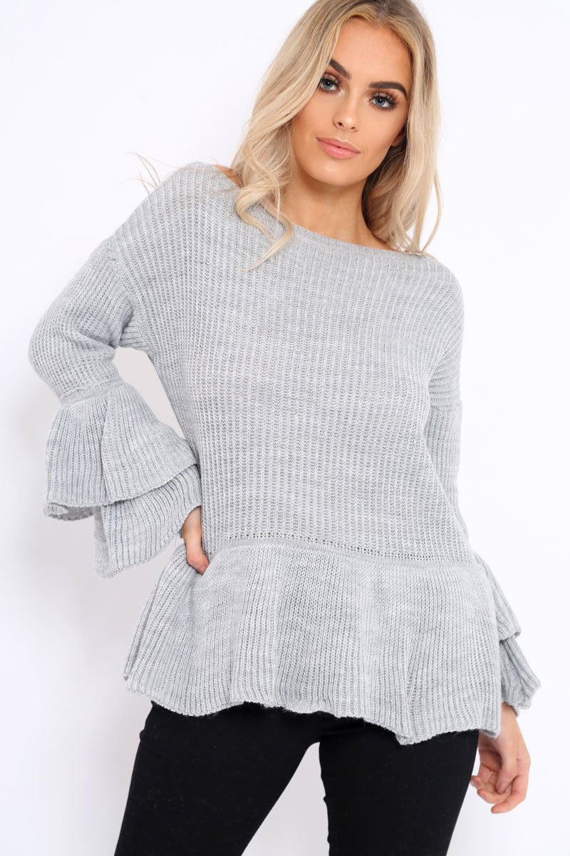 Grey Frill Hem and Sleeve Jumper - Imogen-Jumper