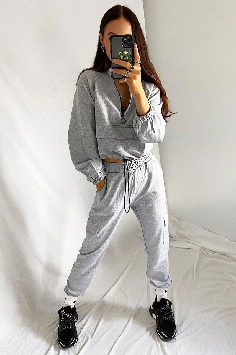 Grey Front Pocket Cargo Jumper and Joggers Loungewear Set - Naziya-Loungewear
