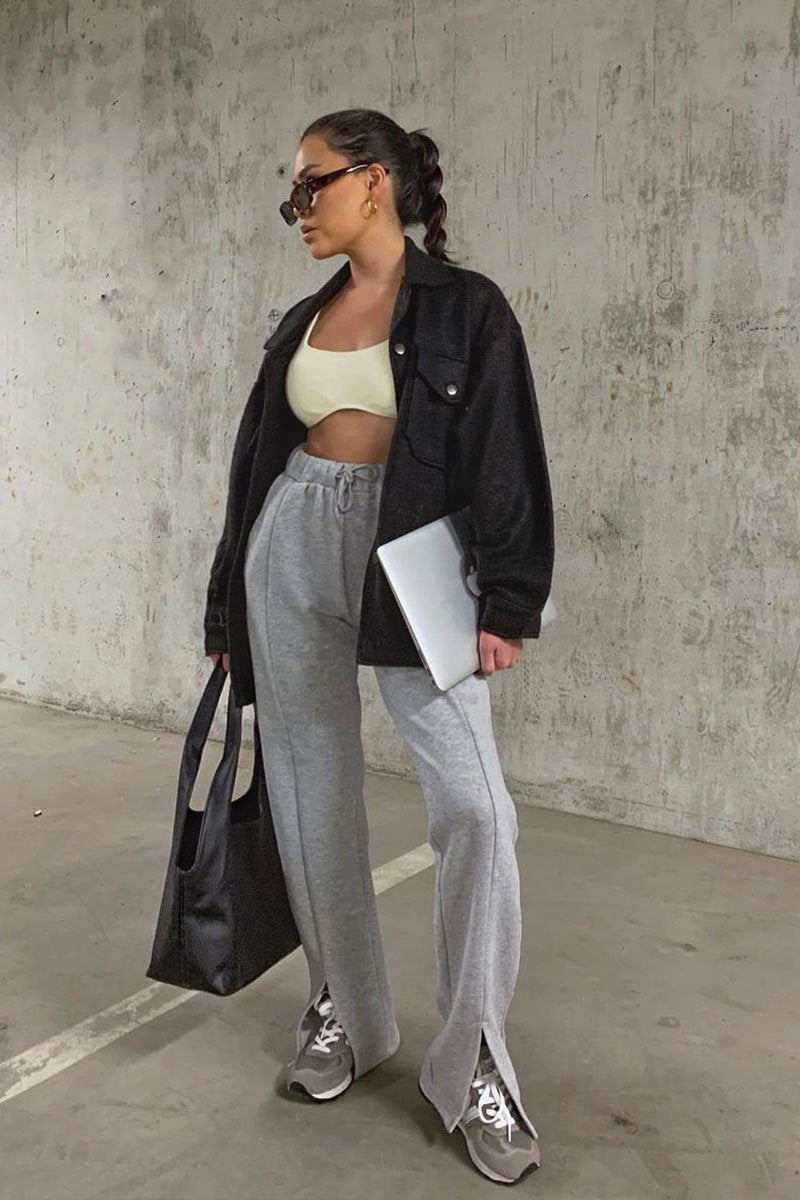 Grey Front Split Wide Leg Joggers - Jenise-Joggers