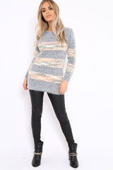 Grey Fur Knit Jumper with beige multi colour stripe detail - Anabella-Jumper