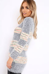 Grey Fur Knit Jumper with beige multi colour stripe detail - Anabella-Jumper