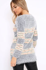 Grey Fur Knit Jumper with beige multi colour stripe detail - Anabella-Jumper