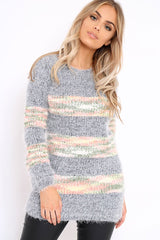 Grey Fur Knit Jumper with beige multi colour stripe detail - Anabella-Jumper