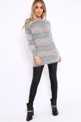 Grey Fur Knit Jumper with colourful stripe detail - Anabella-Jumper