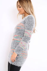 Grey Fur Knit Jumper with colourful stripe detail - Anabella-Jumper