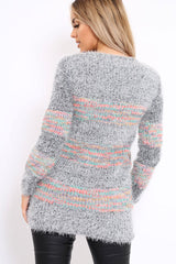 Grey Fur Knit Jumper with colourful stripe detail - Anabella-Jumper