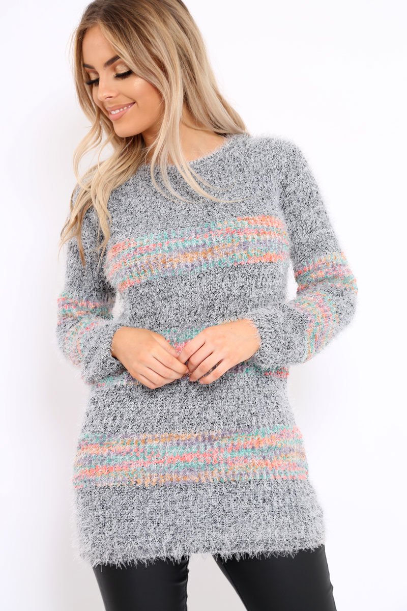 Grey Fur Knit Jumper with colourful stripe detail - Anabella-Jumper