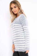 Grey Fur Knit Stripe Jumper - Sicily-Jumper