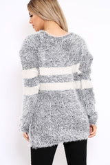 Grey Fur Knit Wide Stripe Jumper Dress - Keeley-Jumper