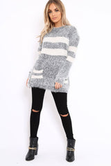 Grey Fur Knit Wide Stripe Jumper Dress - Keeley-Jumper