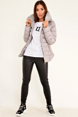 Grey Fur Lined Ring Pull Puffer Coat - Riko-Coats