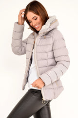 Grey Fur Lined Ring Pull Puffer Coat - Riko-Coats