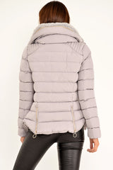 Grey Fur Lined Ring Pull Puffer Coat - Riko-Coats