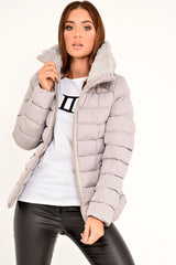 Grey Fur Lined Ring Pull Puffer Coat - Riko-Coats