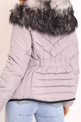 Grey Fur Trim Quilted Puffer Coat - Lania-Coats