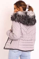 Grey Fur Trim Quilted Puffer Coat - Lania-Coats