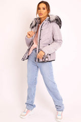 Grey Fur Trim Quilted Puffer Coat - Lania-Coats