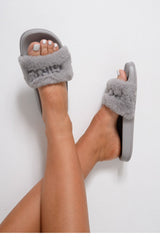 Grey 'GIRL POWER' Fluffy Sliders - Kerly-Sliders