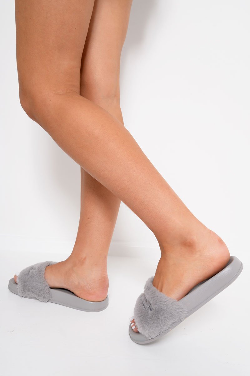 Grey 'GIRL POWER' Fluffy Sliders - Kerly-Sliders