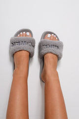 Grey 'GIRL POWER' Fluffy Sliders - Kerly-Sliders