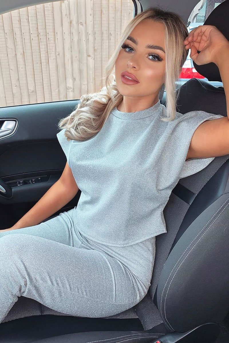 Grey Glitter Crop Top Trouser Co-ord - Evamarie-Co-ords