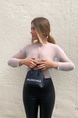 Grey Glitter Mesh Lettuce Hem Long Sleeve Top - Akila-Tops