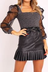 Grey Glitter Square Neck Puff Sleeves Top - Triss-Tops