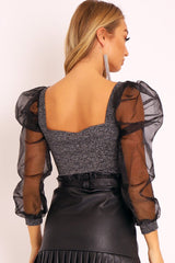 Grey Glitter Square Neck Puff Sleeves Top - Triss-Tops