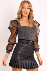 Grey Glitter Square Neck Puff Sleeves Top - Triss-Tops