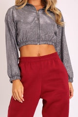 Grey Glitter Zip Front Cropped Jacket - Heidi-Jackets