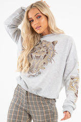 Grey Gold Studded Tiger NYC Sweatshirt - Lezlie-Sweatshirts