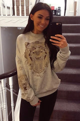 Grey Gold Studded Tiger NYC Sweatshirt - Lezlie-Sweatshirts