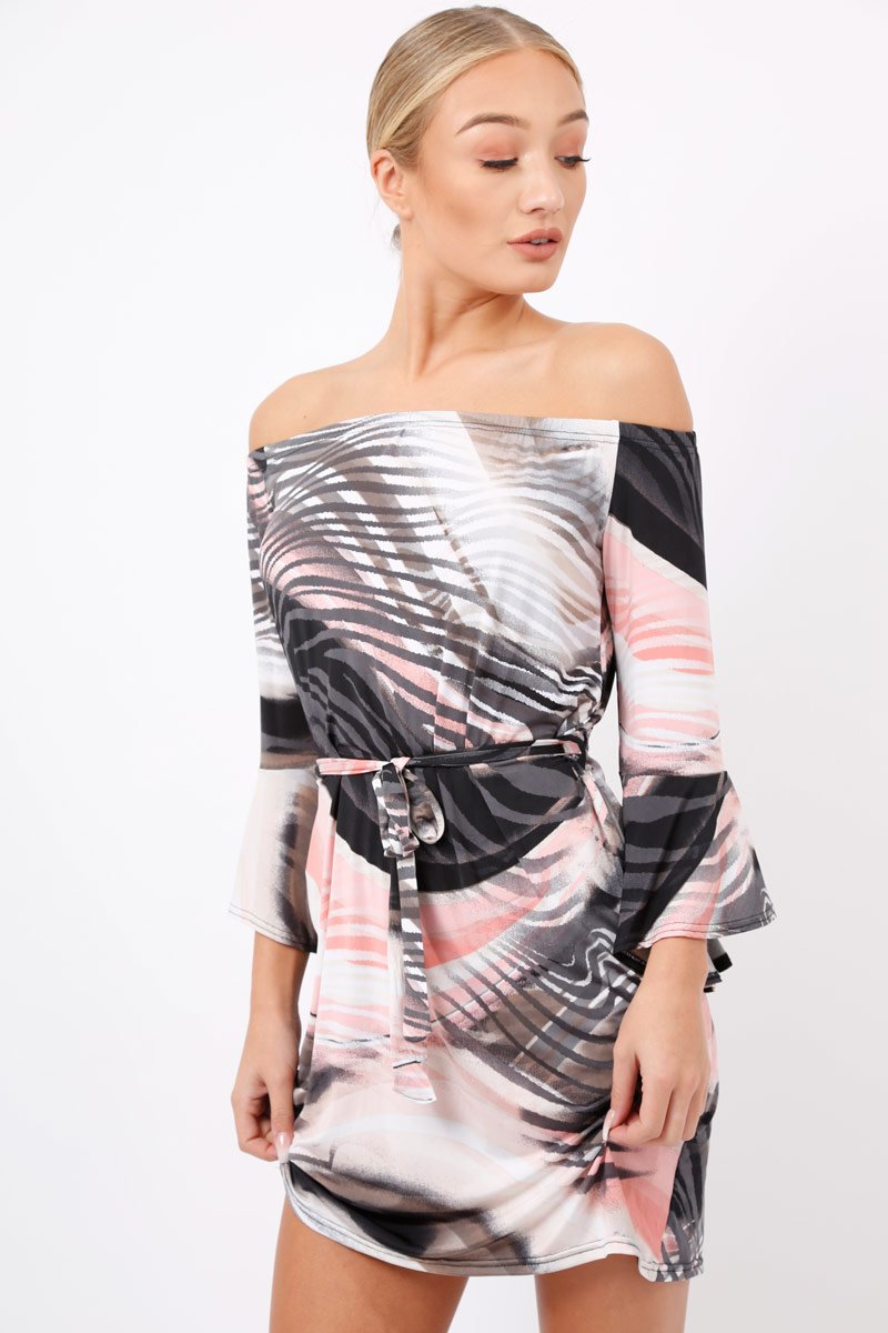 Grey Graphic Floral Off Shoulder Frill Dress - Arleen-Dresses