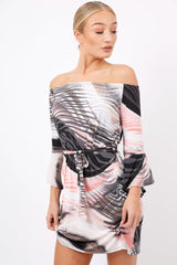 Grey Graphic Floral Off Shoulder Frill Dress - Arleen-Dresses