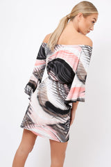 Grey Graphic Floral Off Shoulder Frill Dress - Arleen-Dresses